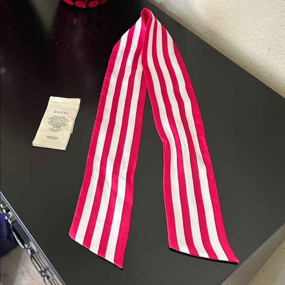 Gucci x Adidas Pink and White Striped Silk Skinny Scarf Twillie NWOT - Picture 3 of 11